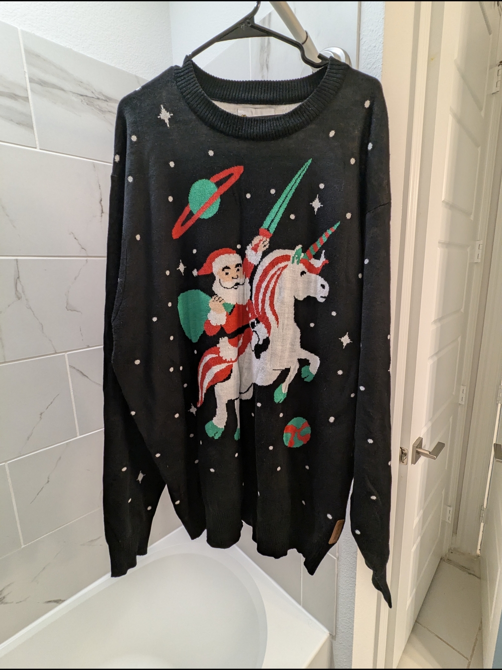 Tipsy Elves Black Crewneck with Santa Riding a Unicorn - Red & Green Accents